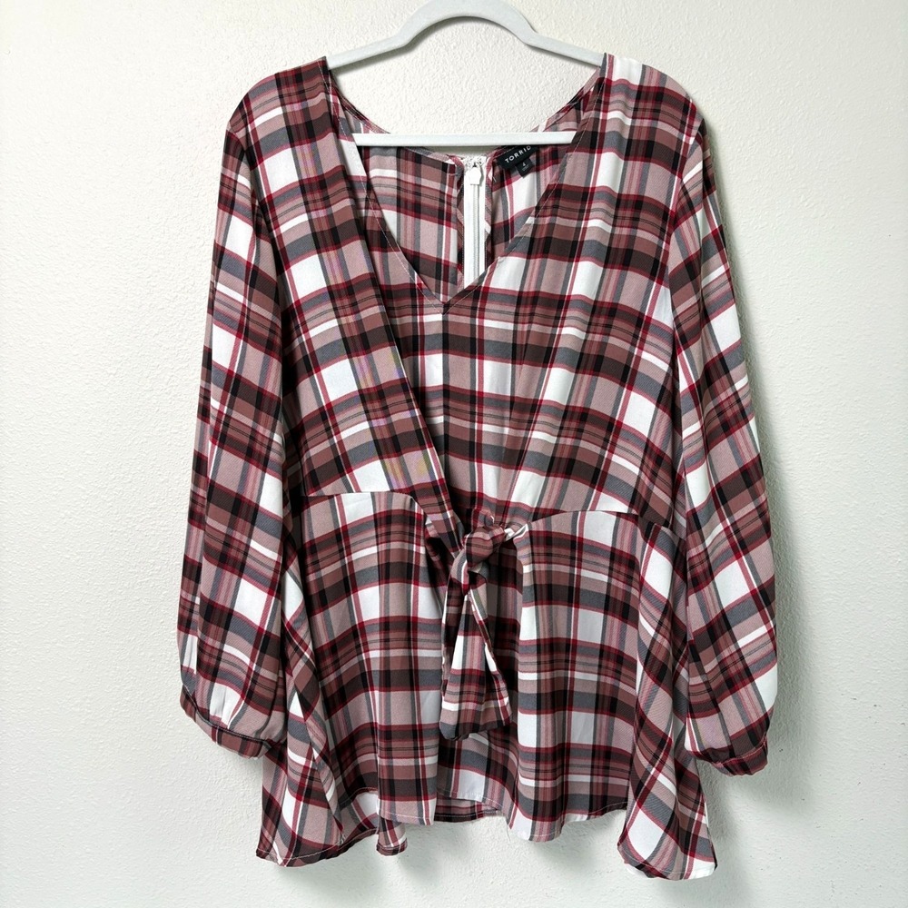 Torrid Georgette Tie Front Blouse Size 4 4X Red Black Plaid V Neck Long Sleeve